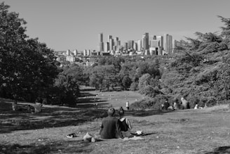 A private detective discreetly observing a couple in a city park.