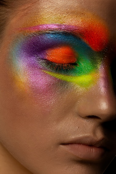 A stunning close-up of a beautifully done makeup look showcasing vibrant colors.