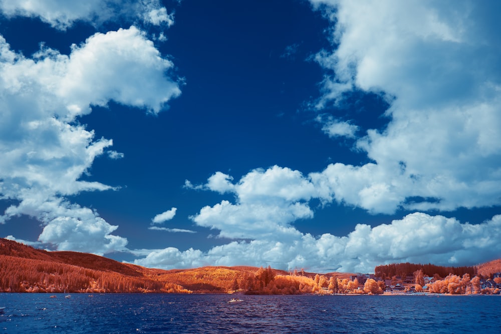 blue sky and white clouds over lake