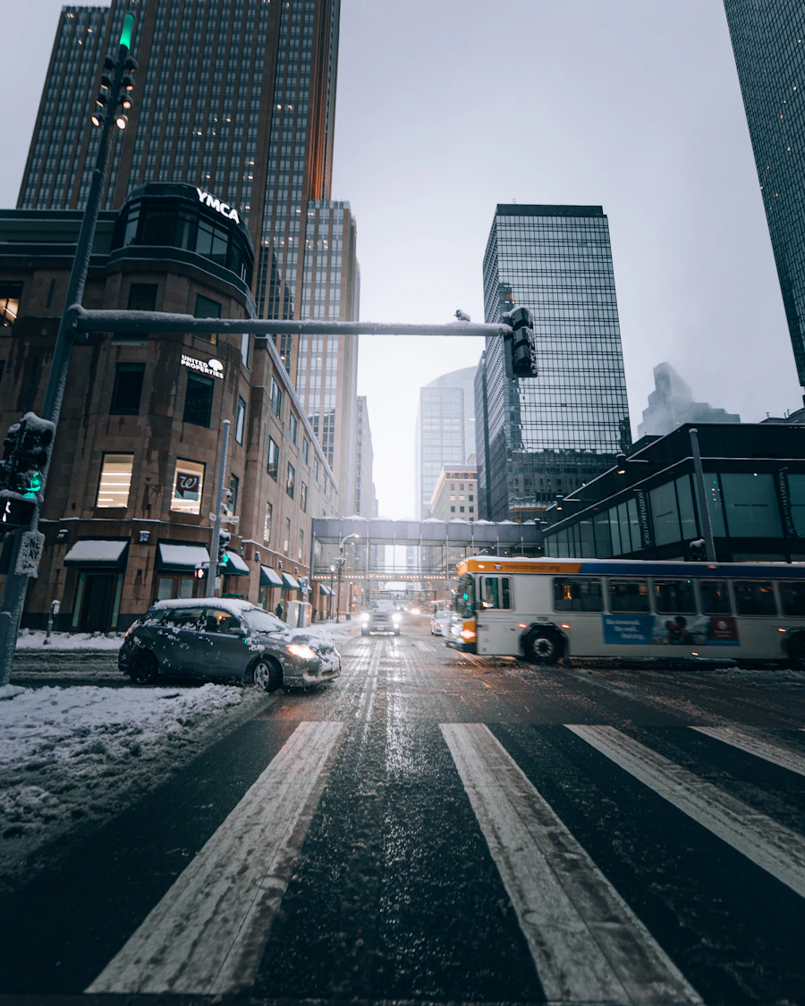 A snowy downtown Minneapolis street crossing