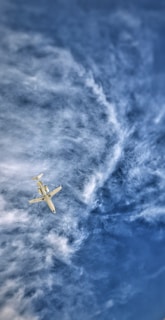 A vibrant airplane soaring through a clear blue sky.