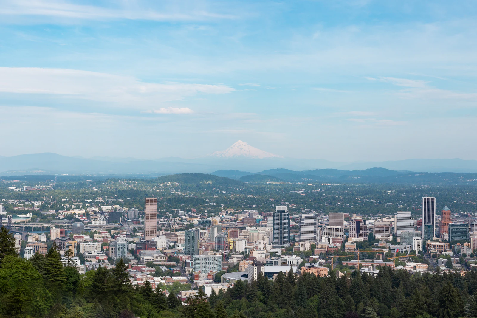 Aerial view of Downtown Portland with the Willamette River