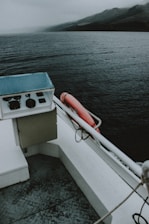 A misty seascape showing part of a boat's deck with a control panel and an orange life preserver. The boat is on a large body of dark water, with a foggy and cloudy sky overhead. Mountains can be seen in the background, adding a sense of vastness to the area.