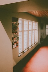 A hallway is illuminated with soft natural light streaming through several large, rectangular windows. The walls are adorned with various informational pamphlets and brochures. The flooring and ceiling feature a warm wooden tone, creating a cozy atmosphere.