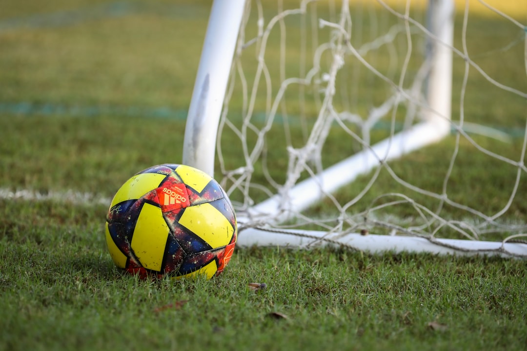 red blue and yellow soccer ball on green grass field