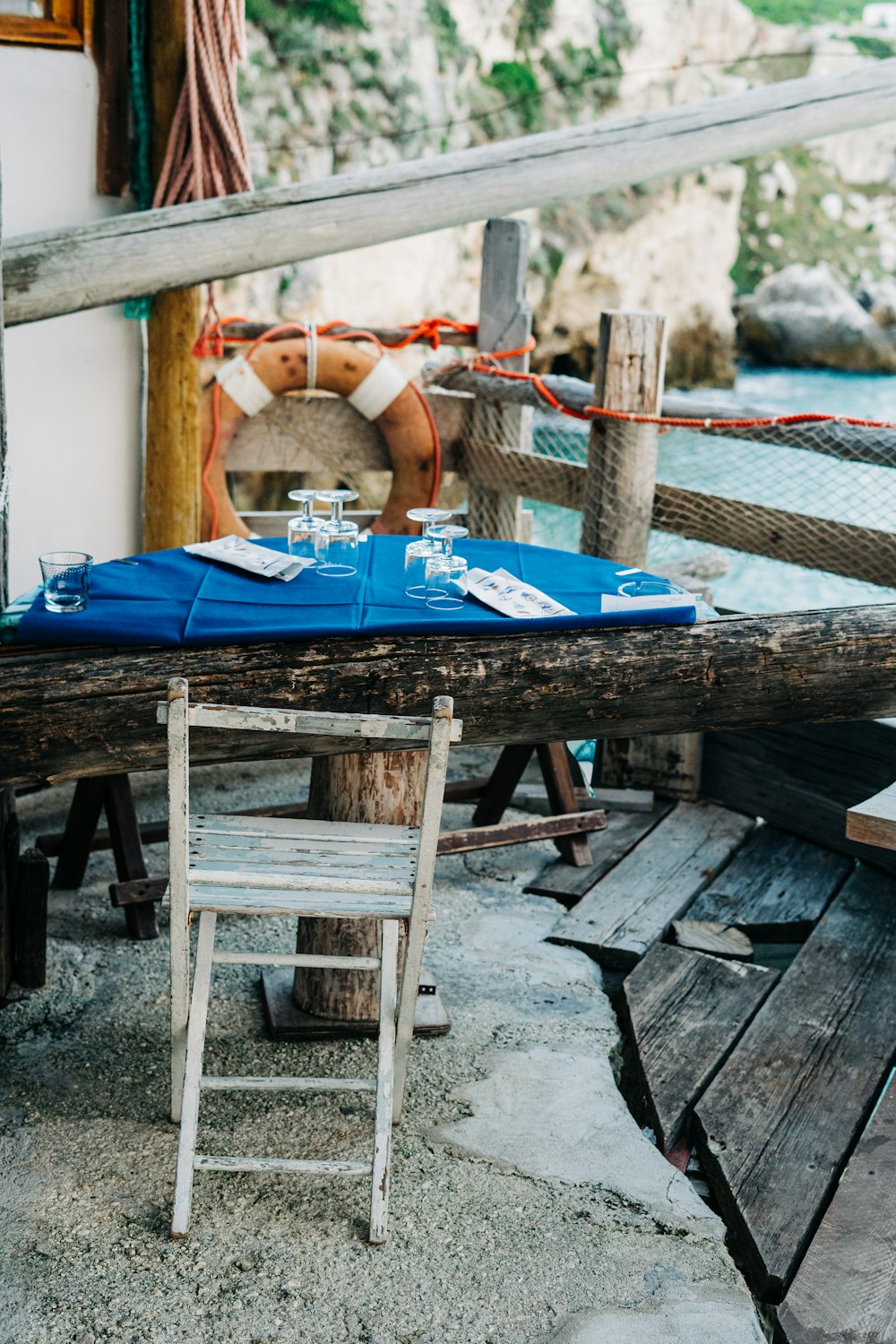 blue and brown wooden table