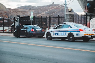 blue and white police car on road during daytime