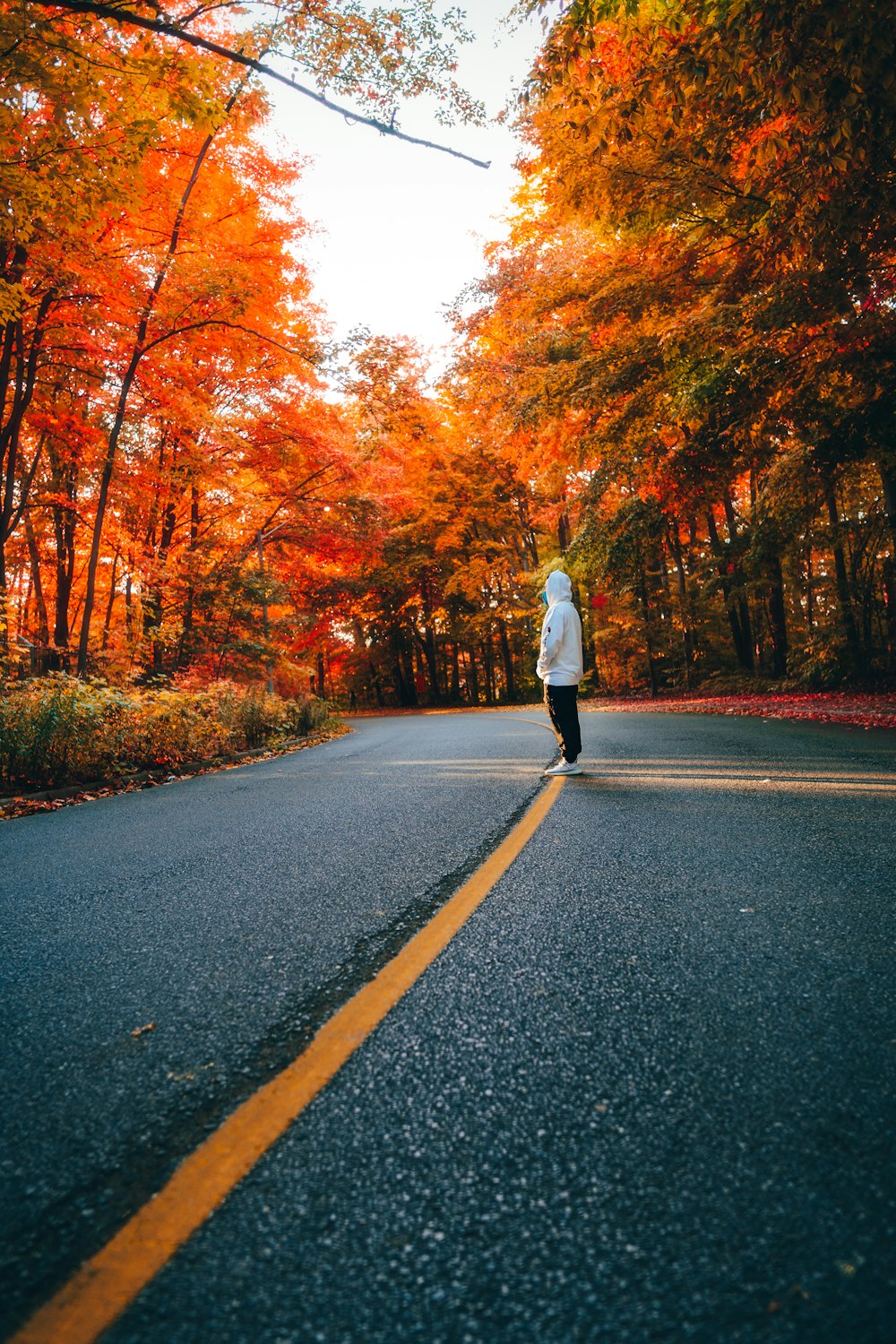 woman in white jacket and black pants standing on road between trees during daytime