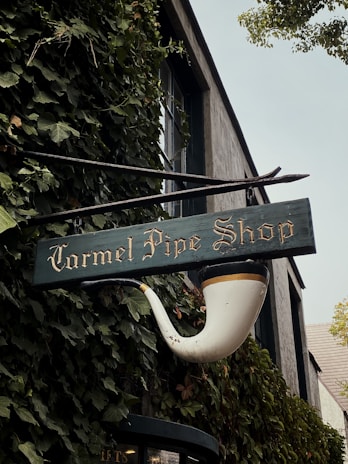 A vintage storefront sign shaped like a smoking pipe hangs on a building covered in lush green ivy. The sign reads 'Carmel Pipe Shop' in ornate lettering, and the building behind has a rustic appearance with large windows.