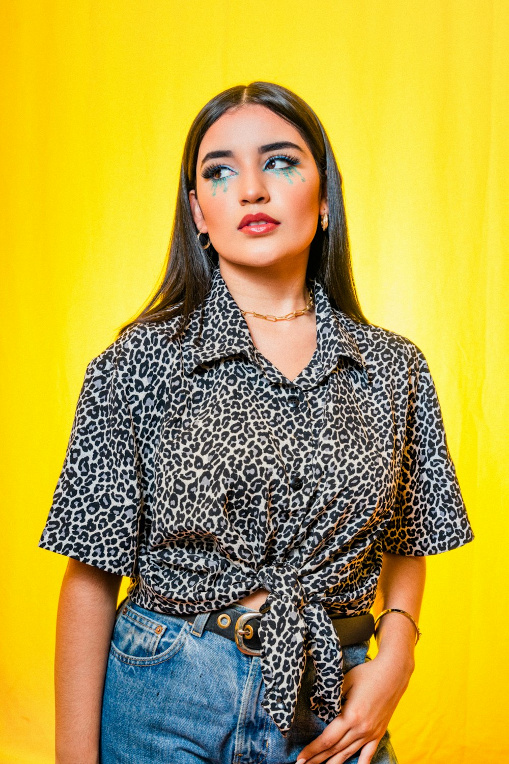 woman in black and white floral button up shirt