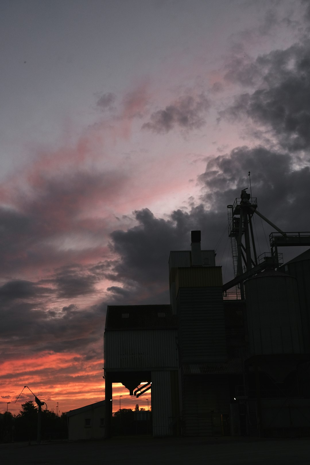 silhouette of crane under cloudy sky during sunset