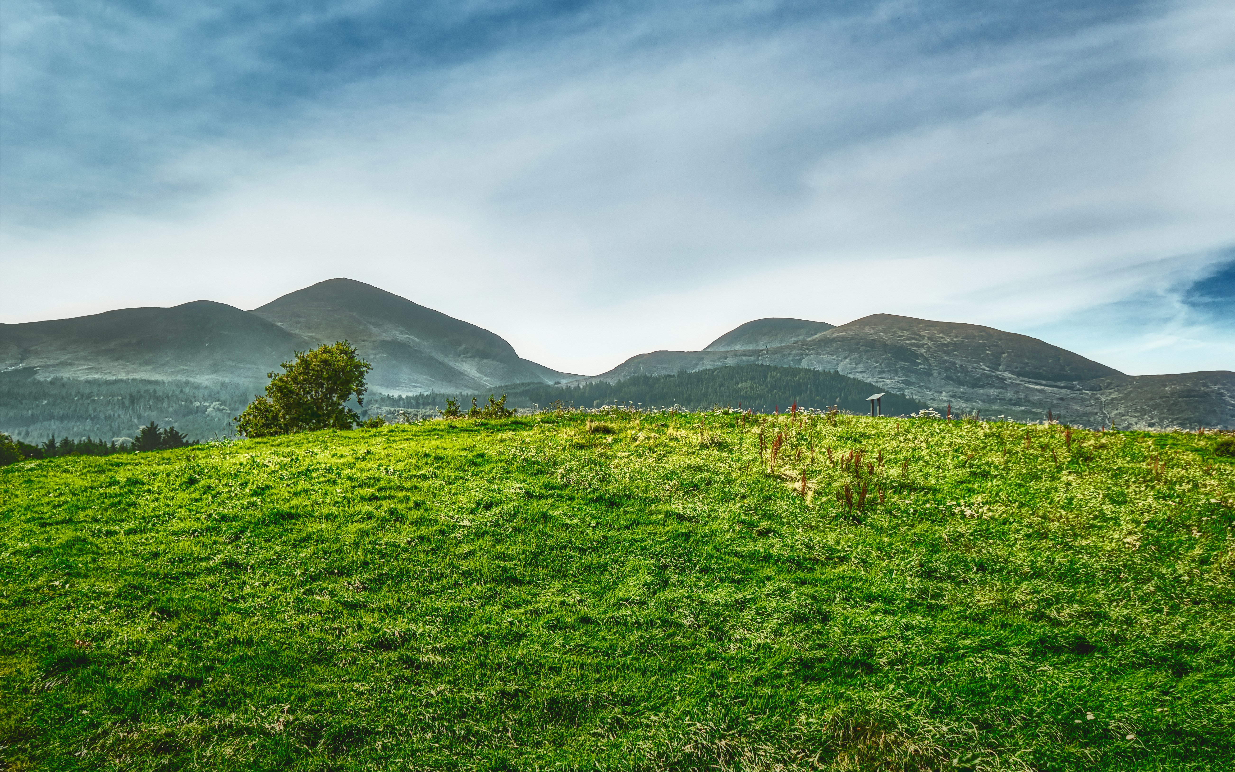 green grass field near mountain under blue sky during daytime