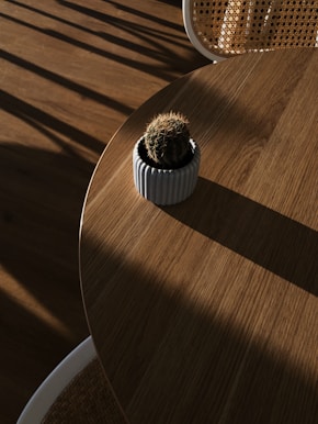 white and black round ornament on brown wooden table