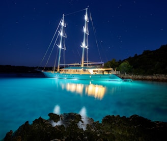 brown and white sail boat on blue body of water during night time