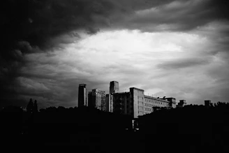Black and white photo of a city skyline at dusk with gradient sky and contrasting shadows.