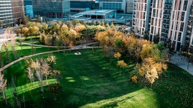 Aerial view of a green urban park surrounded by modern apartment buildings.