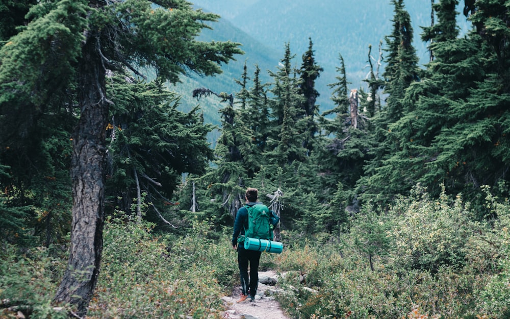 man in green jacket and blue denim jeans walking on pathway between green trees during daytime