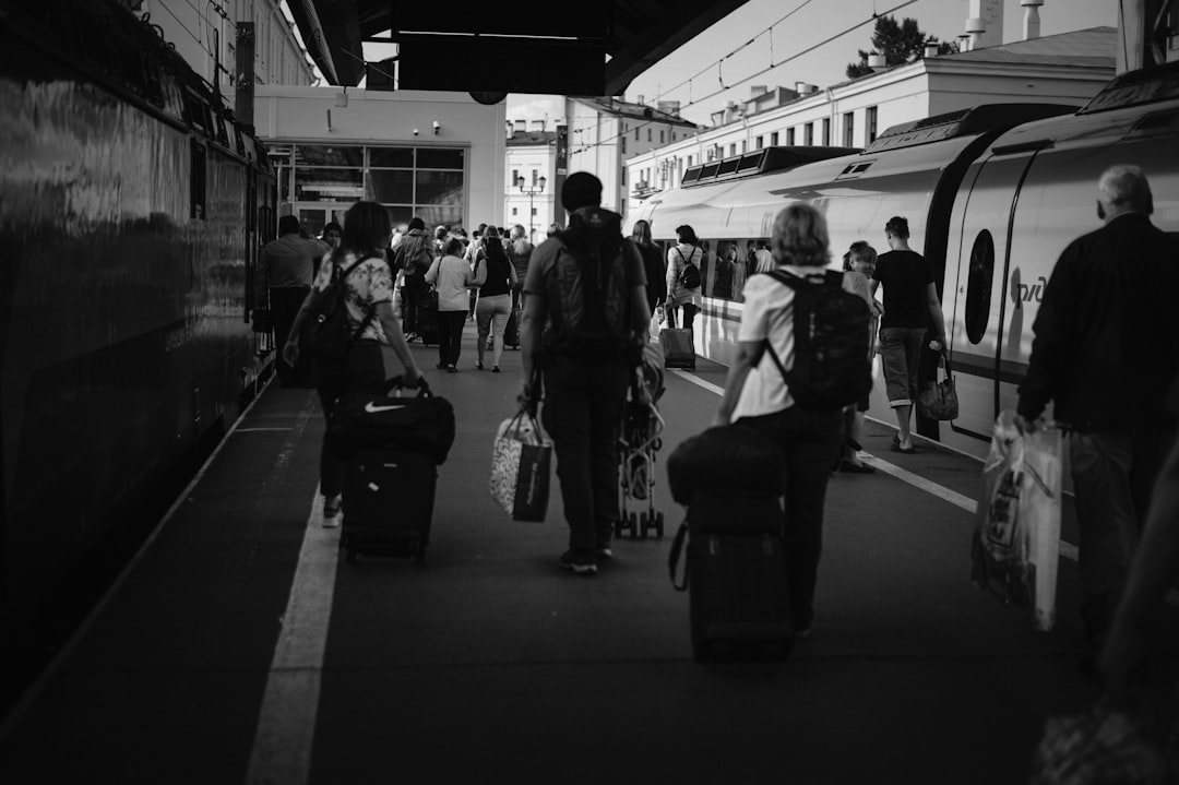 grayscale photo of people walking on street, People on the station platform. The train has arrived from Moscow.