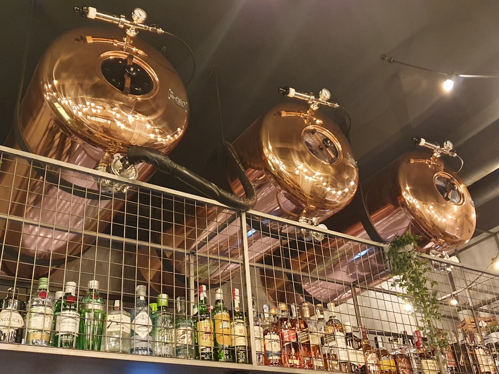 gold and silver baubles on white steel rack