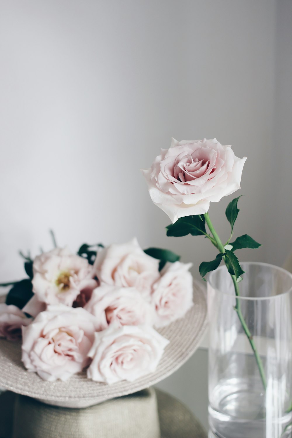 Roses roses dans un vase en verre transparent