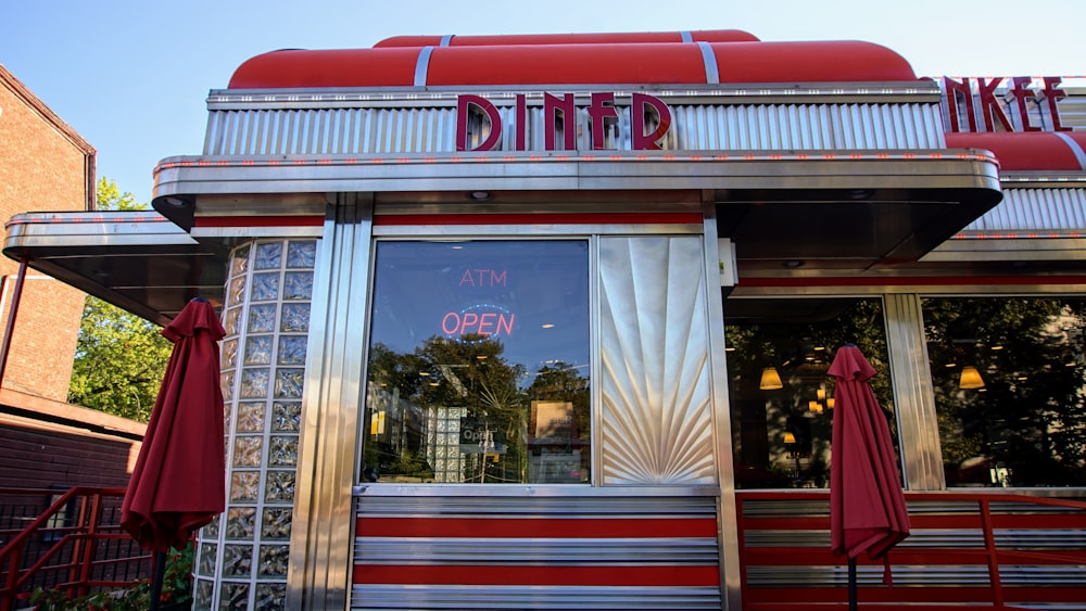 red and white store front