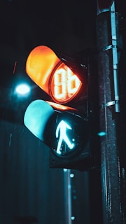 A traffic light is illuminated against a dark background, featuring a red light with an LED countdown timer and a blue pedestrian signal. Raindrops can be seen on the surface, indicating a rainy atmosphere. The setting appears to be nighttime with artificial lighting in an urban environment.