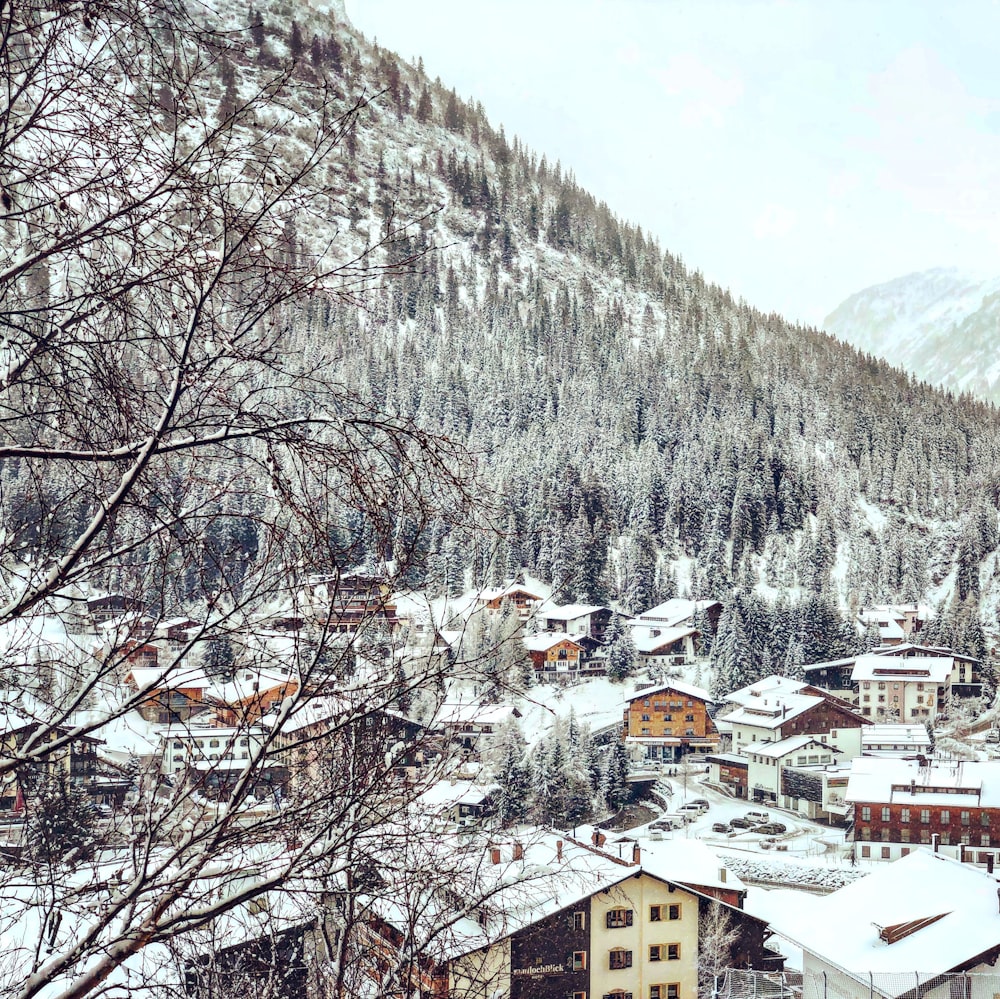 brown and white houses near snow covered mountain during daytime