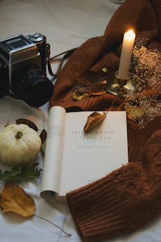 A cozy corner with warm autumn leaves scattered around a vintage microphone and an open notebook filled with handwritten lyrics.