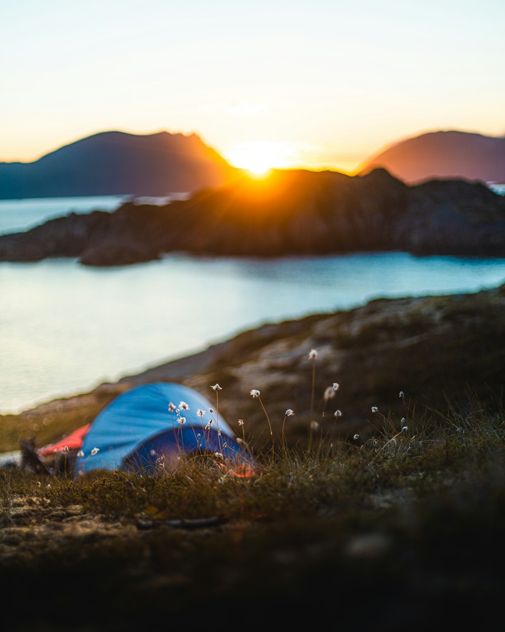 a blue tent sitting on top of a grass covered field