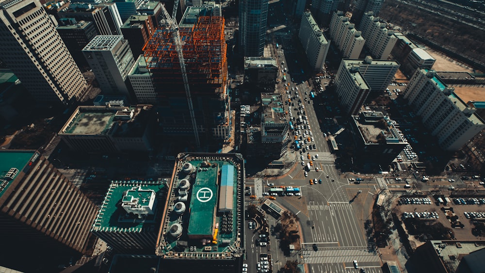 aerial view of city buildings during night time