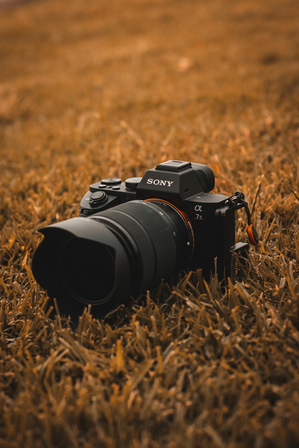 a camera sitting in the middle of a field