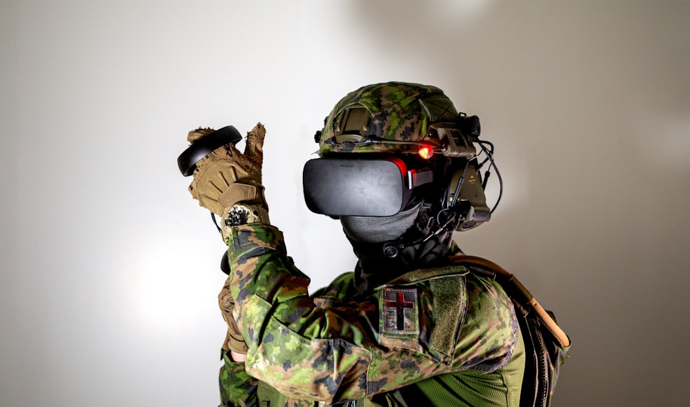 man in green and brown camouflage suit wearing black helmet