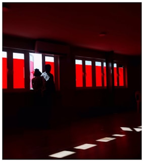 Two individuals stand silhouetted against a series of large windows with bright red panels. The light casts striking reflections on the floor, creating patterns in the dimly lit room. The scene suggests introspection or contemplation.