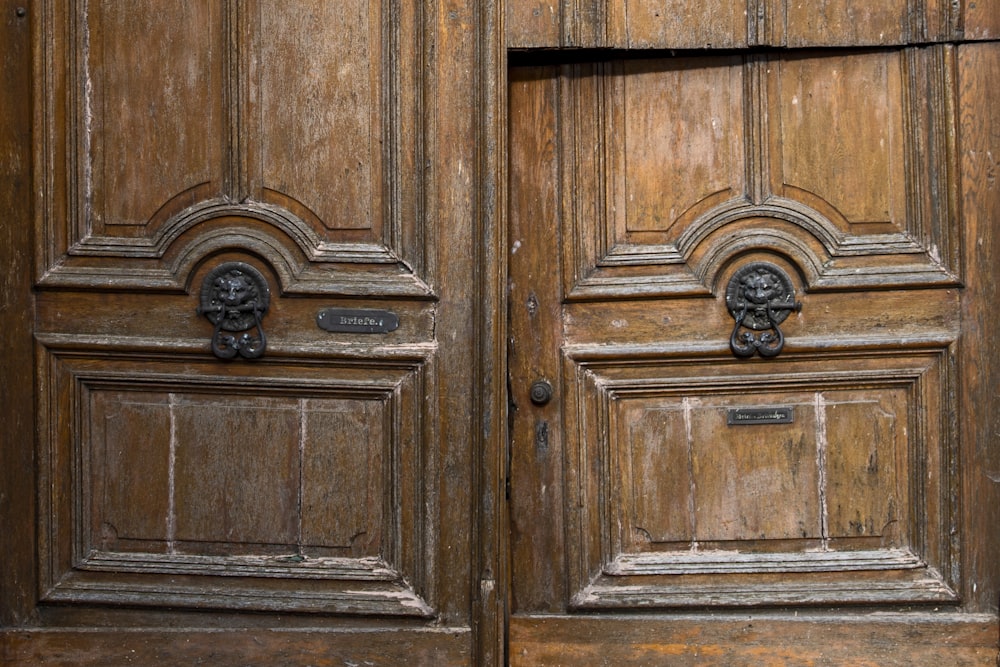 brown wooden door with brass door lever