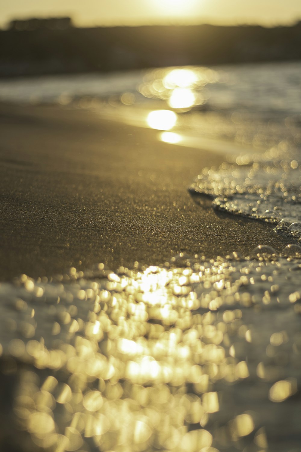 water droplets on brown sand during sunset