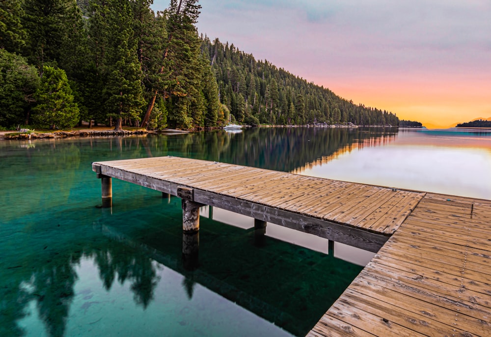 Pontile di legno marrone sul lago durante il giorno