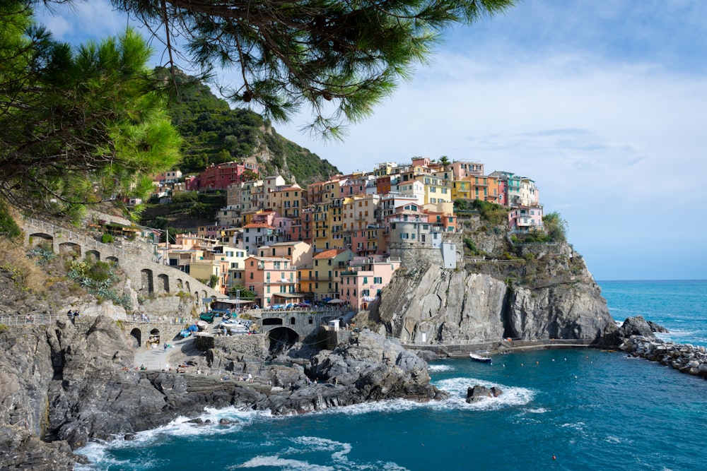 houses on cliff near body of water during daytime