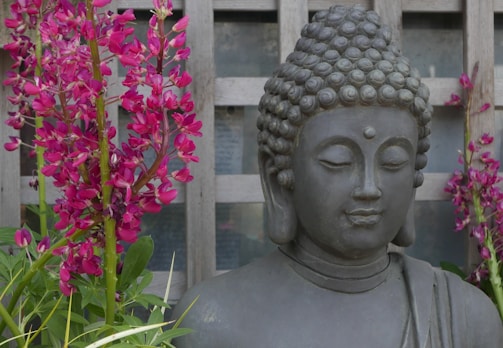 A serene Buddha statue with curly hair and closed eyes is surrounded by vibrant pink flowers, set against a wooden lattice background.
