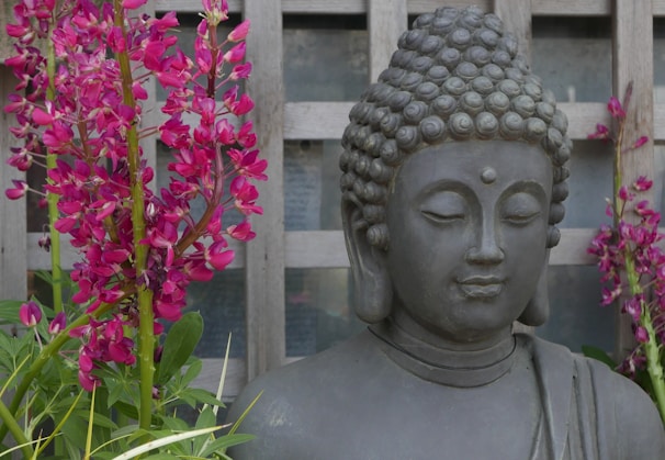 A serene Buddha statue nestled beside a wheat stalk and a cinnamon swirl on a rustic wooden table.