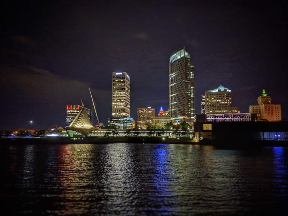 city skyline during night time