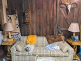 A cozy living room scene featuring a small dog resting on a plaid sofa. The background includes a wooden wall with rustic decor, including a vintage telephone and a mounted antler skull. There are two lamps with beige lampshades on wooden side tables flanking the sofa. Quilted blankets are draped over the sofa and a piece of wooden furniture in the corner. A framed photograph and various household items are also visible.