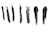 Six black brushstrokes of varying thickness and texture are arranged vertically on a white background. The strokes vary in smoothness and opacity, with some appearing more rough and textured while others are more glossy and solid.