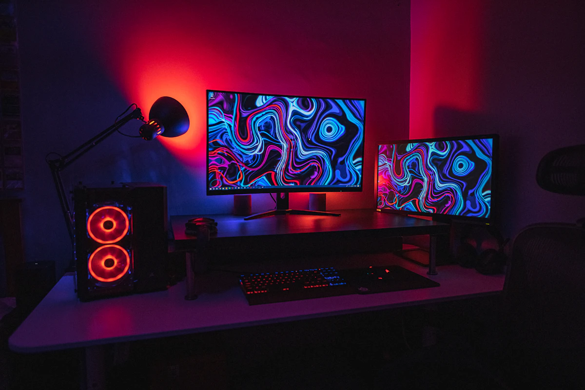 black flat screen computer monitor on black wooden desk