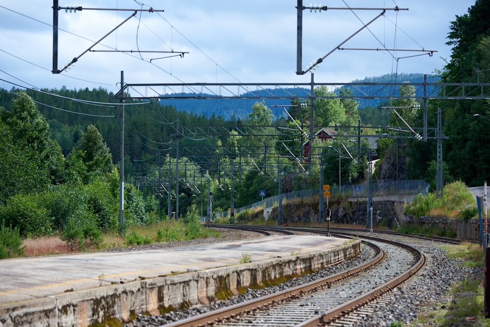 train rail near green trees during daytime