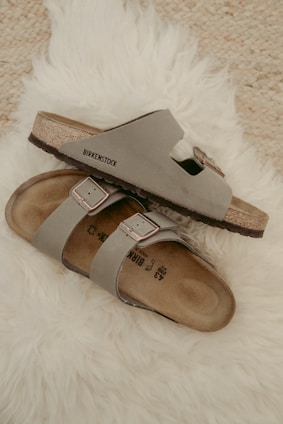 brown and gray slide sandals
