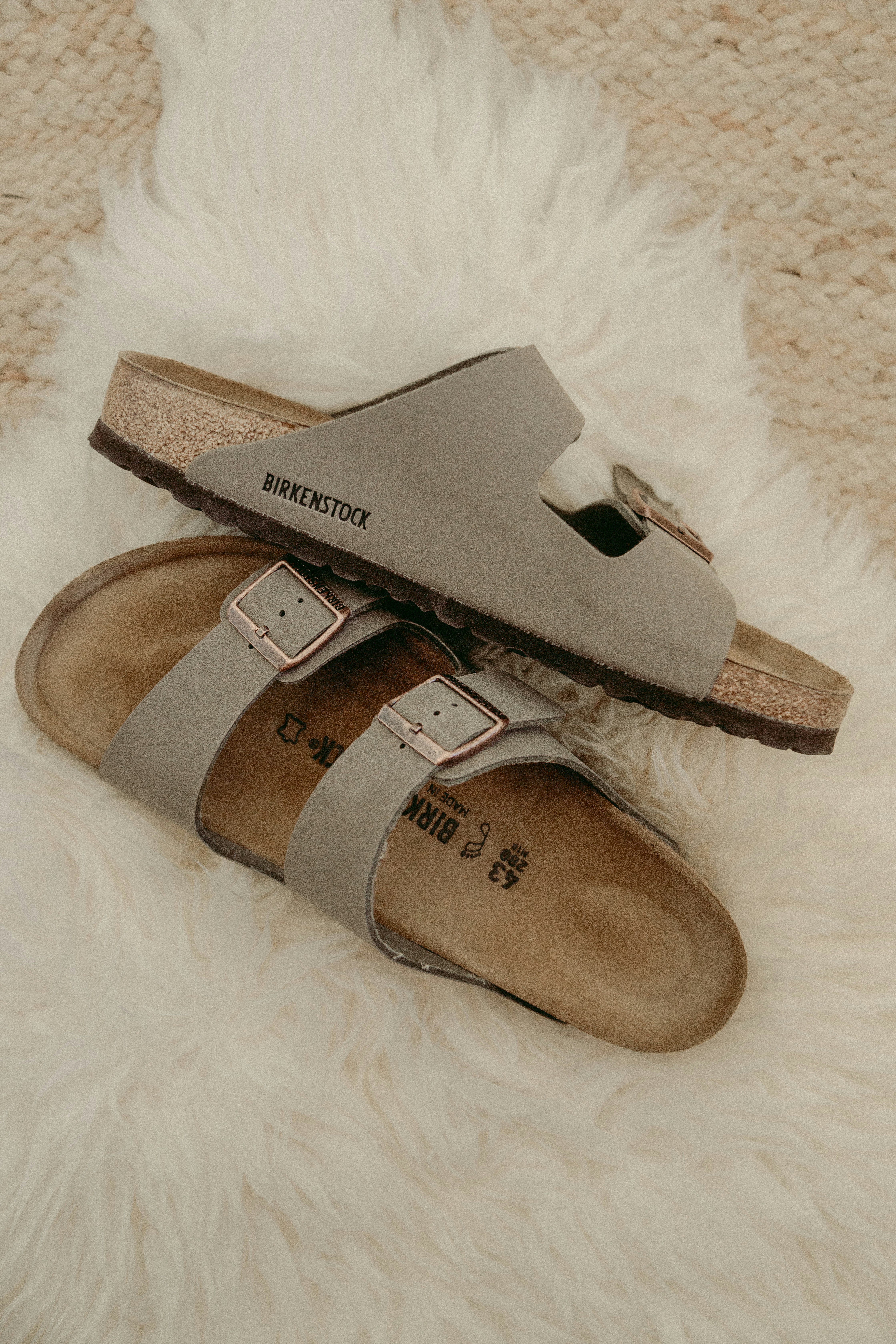 brown and gray slide sandals