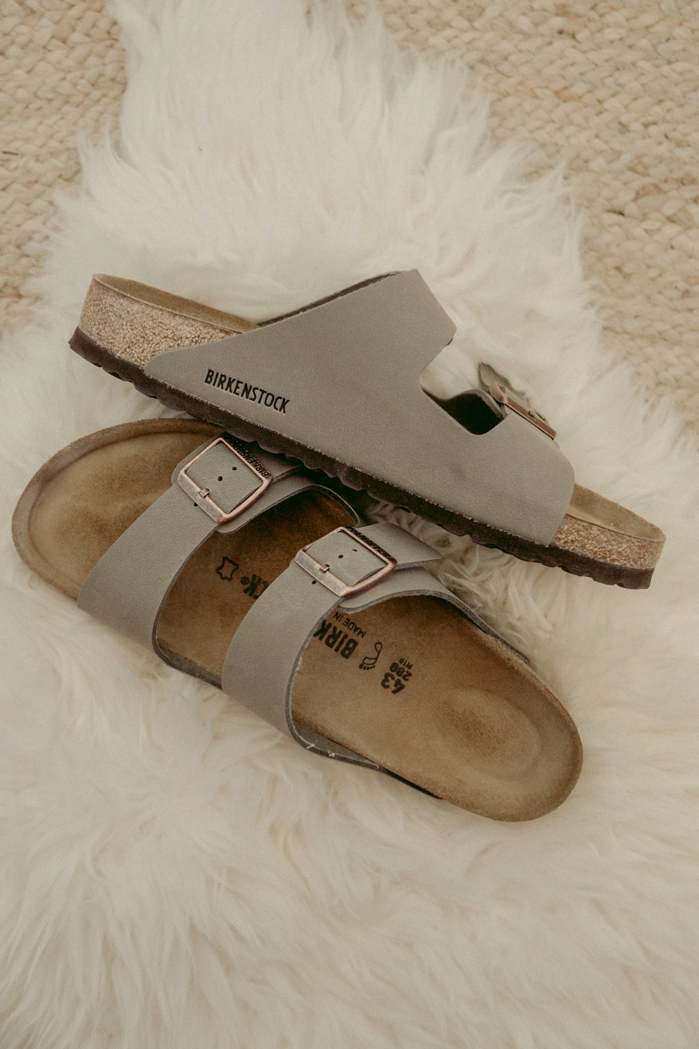 brown and gray slide sandals