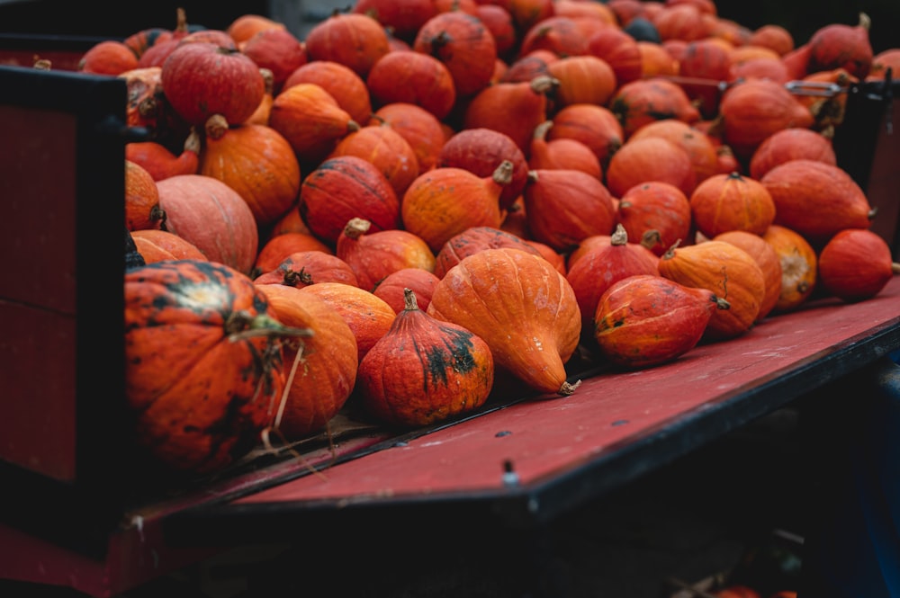 orange pumpkins on blue wooden table