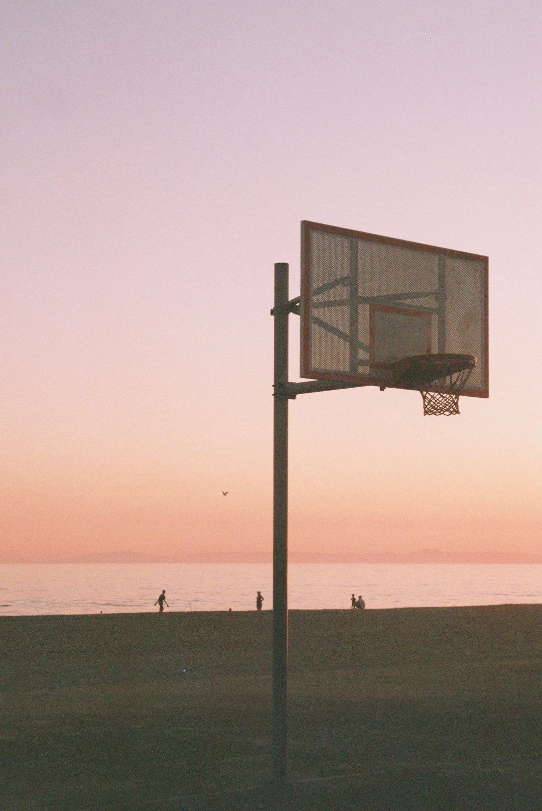 black basketball hoop on beach during sunset