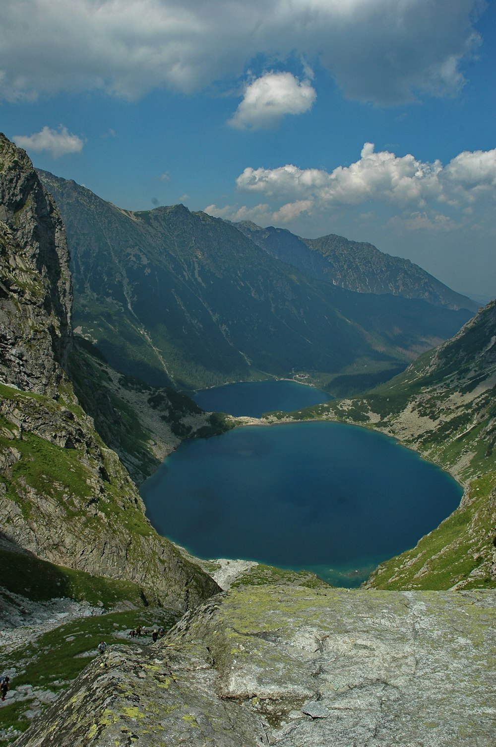 Grüne und graue Berge am See unter blauem Himmel tagsüber